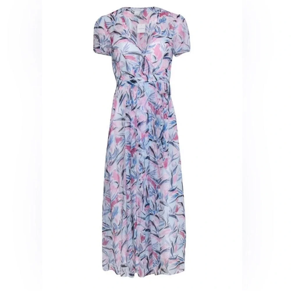 🆕 Club Monaco Birds of Paradise Maxi Wrap Dress Blue and Pink Chiffon, Size 4 - Picture 6 of 16